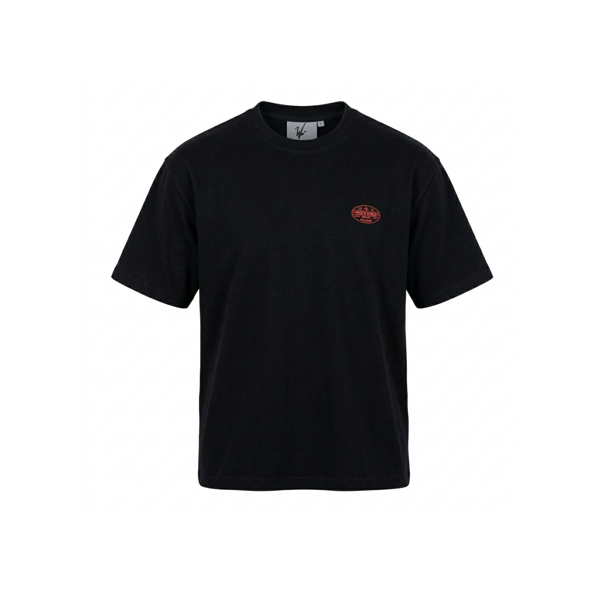 Black t-shirt with a red logo on a white background