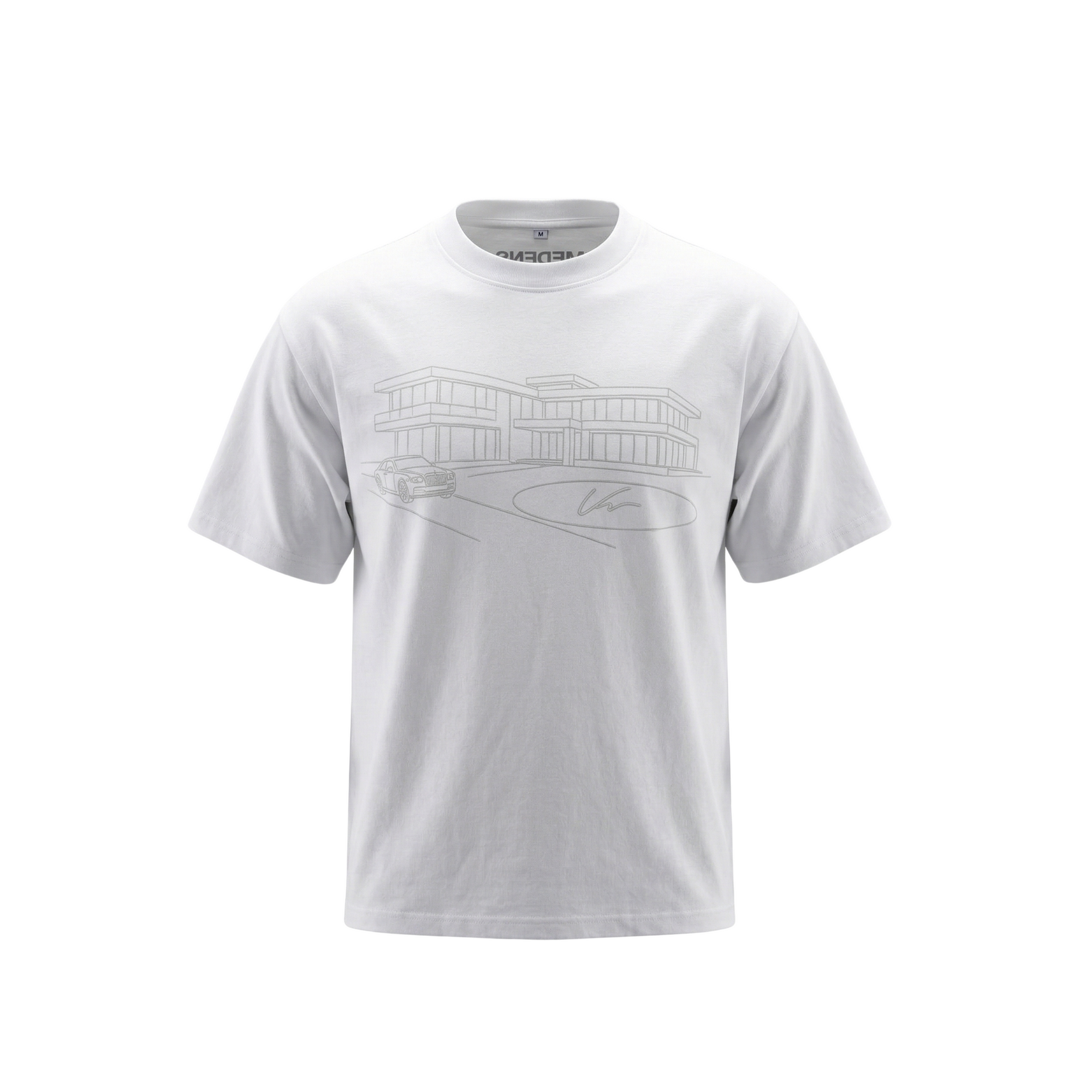White t-shirt with a subtle pattern on a white background