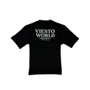 Black t-shirt with 'VIESTO WORLD' text on a white background