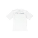 White t-shirt with a small logo on a white background